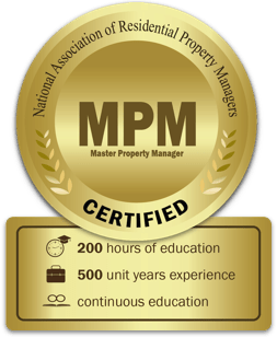 A gold seal from the National Association of Residential Property Managers certifying PURE Property Management as Master Property Managers with over 200 hours of education and 500 Years of combined experience in Sonoma County Property Management