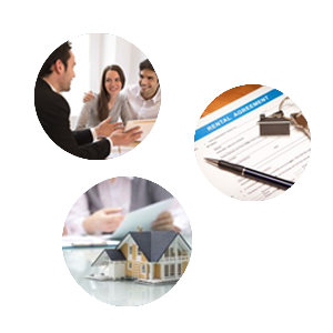 A series of three images showing a couple with their real estate agent, a rental agreement with a pen and a key, and a man signing papers in front of a scale model of a house. These outline the process you might go through when receiving Cloverdale property management services from Alliance